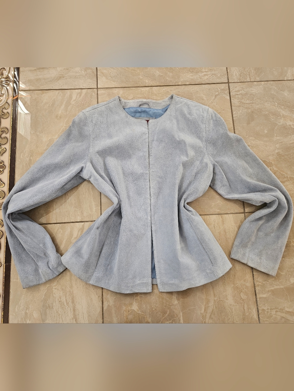 Womens Gray Suede Leather Collarless Jacket